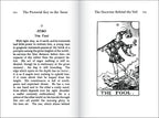 Open book showing pages about 'The Fool' from a tarot card deck