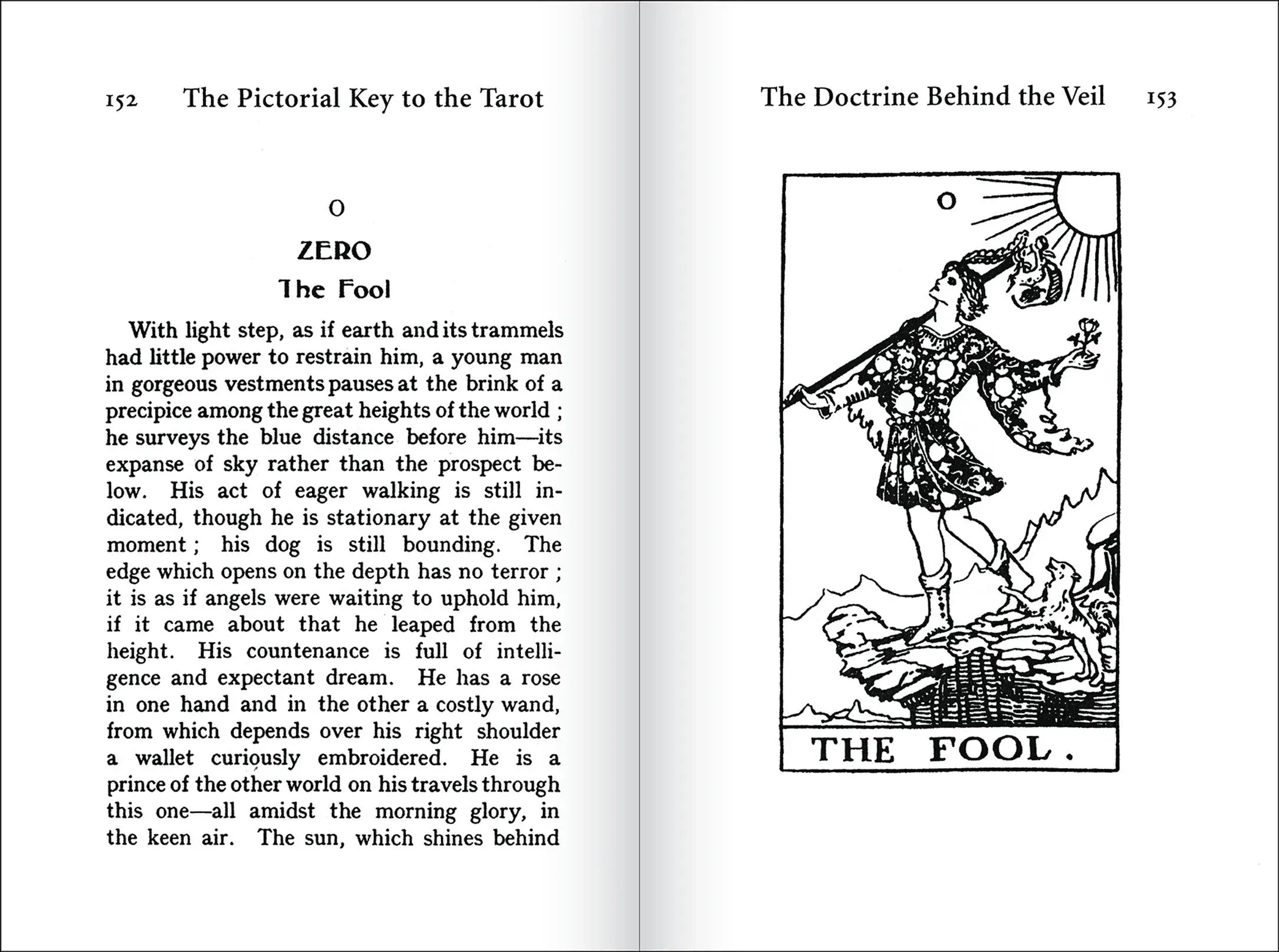 Open book showing pages about 'The Fool' from a tarot card deck