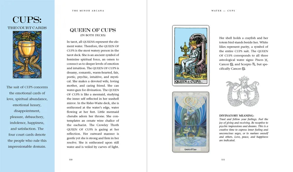 Book page with tarot card description and illustration of 'Queen of Cups'.