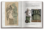 Open book showing illustrations and text on a white background
