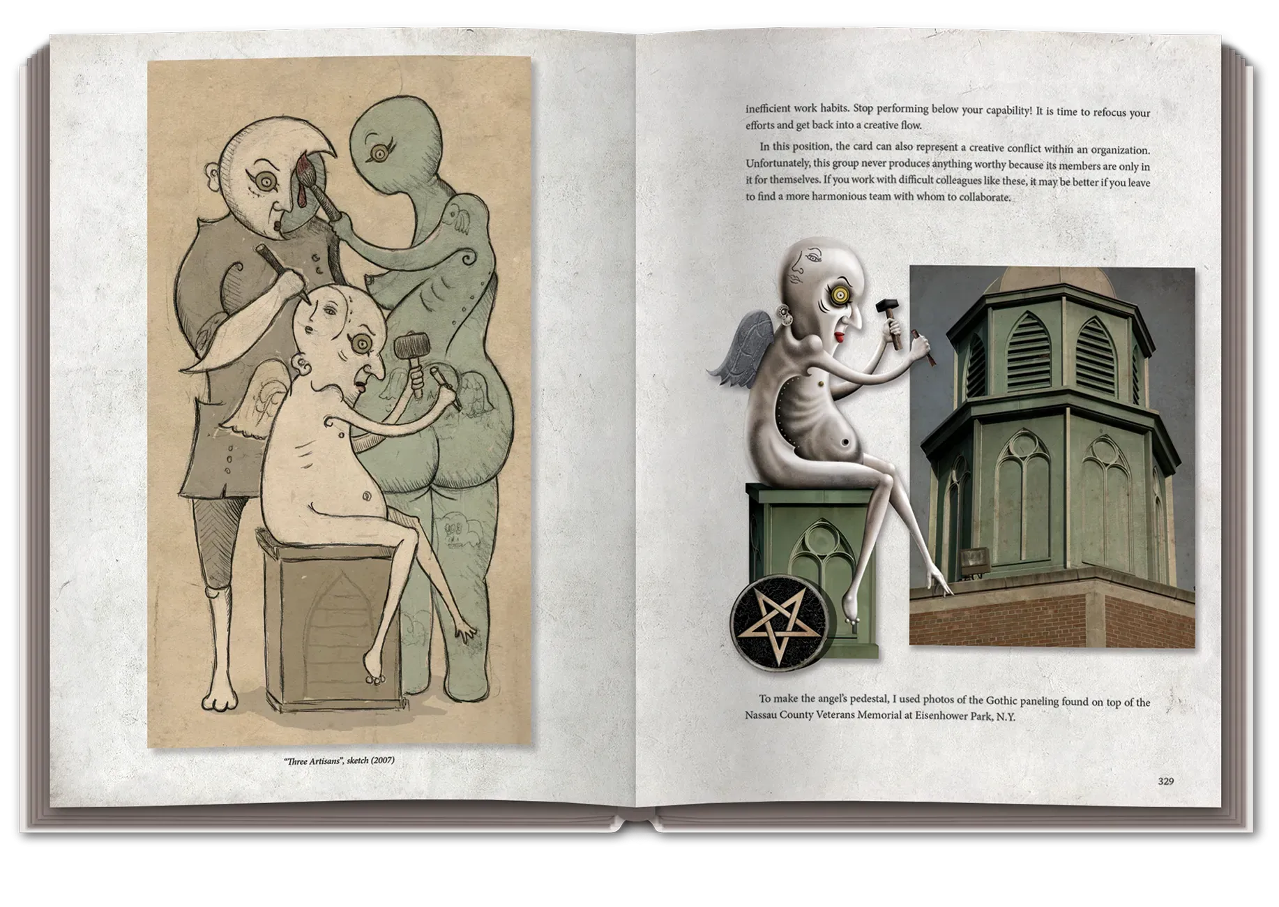 Open book showing illustrations and text on a white background