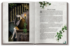 Open book with illustrations and text on a dark background