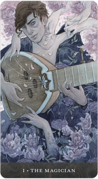 Card featuring a person playing a lyre with floral elements and text 'The Magician' at the bottom.