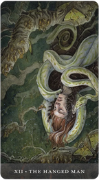 Tarot card titled 'The Hanged Man' with a mystical design featuring a person hanging from a tree.