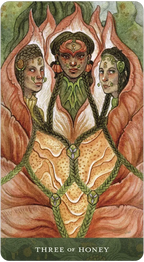Card featuring three stylized women with intricate designs and the text 'Three of Honey'.