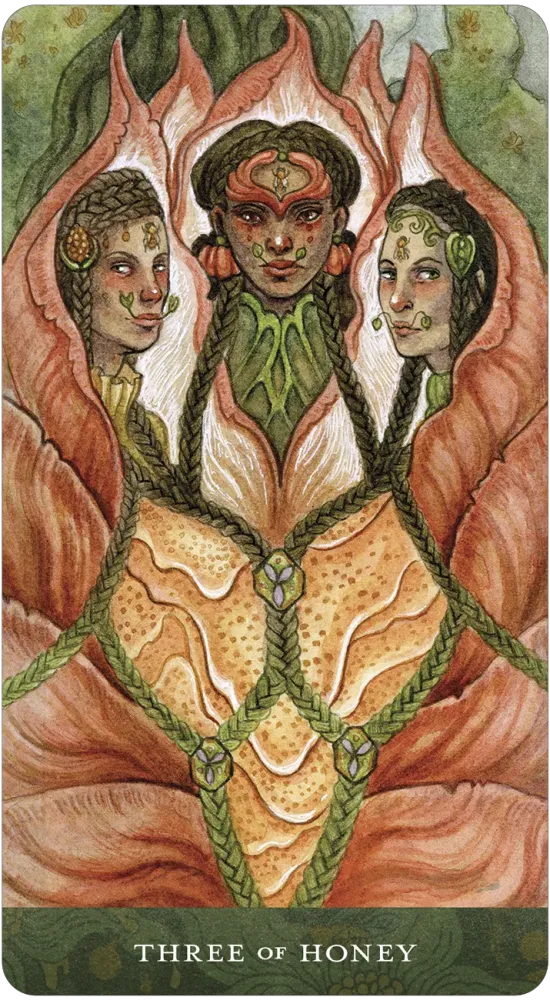 Card featuring three stylized women with intricate designs and the text 'Three of Honey'.