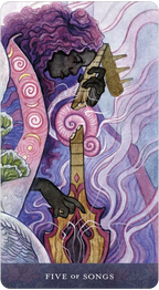 Card from a tarot deck with a stylized illustration of a person playing an instrument, surrounded by abstract designs.