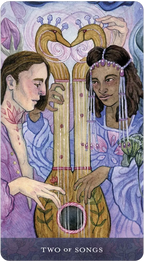 Two people holding a lyre with decorative elements on a tarot card.