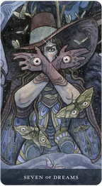 Card from a tarot deck titled 'Seven of Dreams' featuring a fairy with moth-like wings and a butterfly.