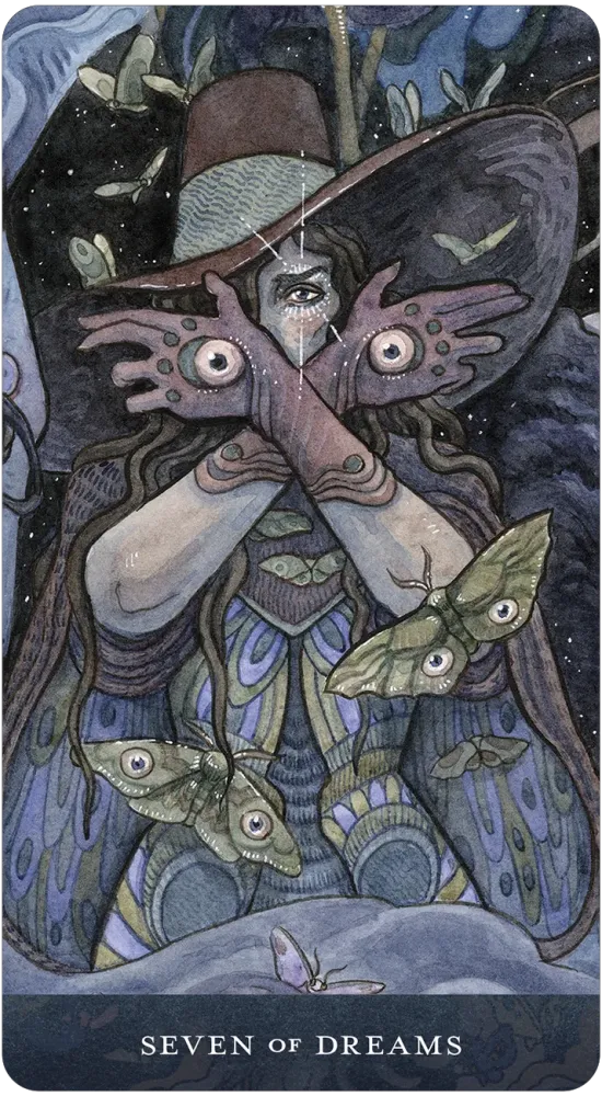 Card from a tarot deck titled 'Seven of Dreams' featuring a fairy with moth-like wings and a butterfly.