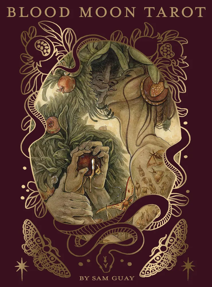 Book cover of 'Blood Moon Tarot' with an illustration of a figure holding fruits on a dark red background.