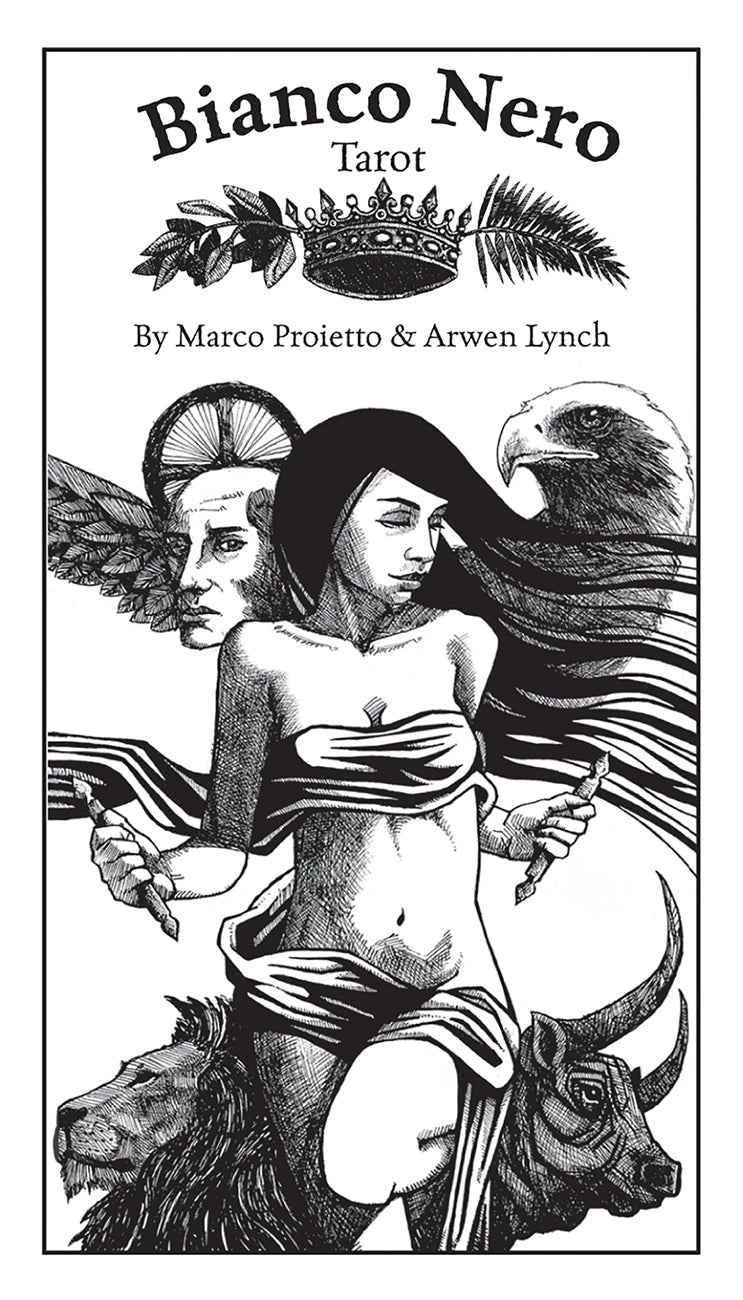 Cover of 'Bianco Nero Tarot' by Marco Proietto & Arwen Lynch featuring black and white illustration.