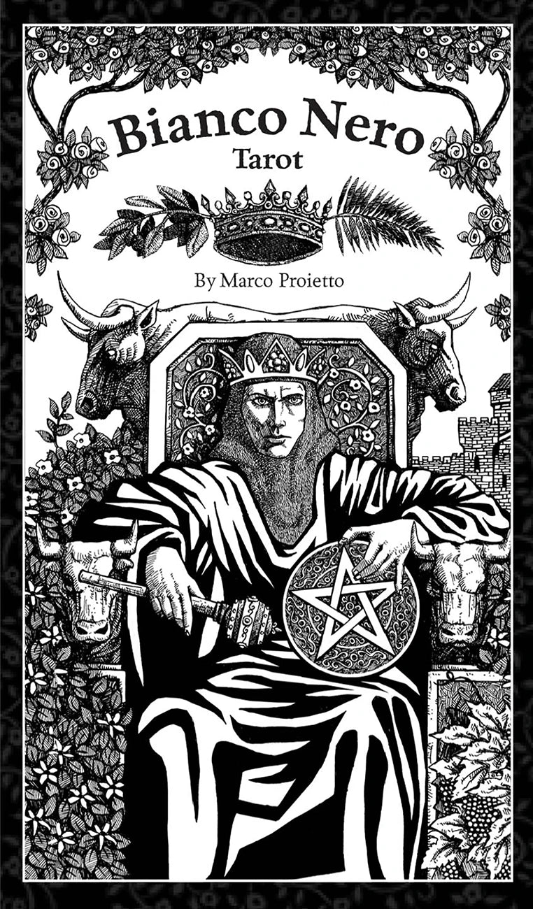 Cover of 'Bianco Nero Tarot' by Marco Proietto with a black and white illustration of a tarot card design.