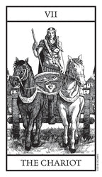 Black and white tarot card titled 'The Chariot' with a person driving two horses.
