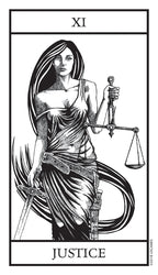 Tarot card featuring the Justice card with a woman holding scales and a sword.