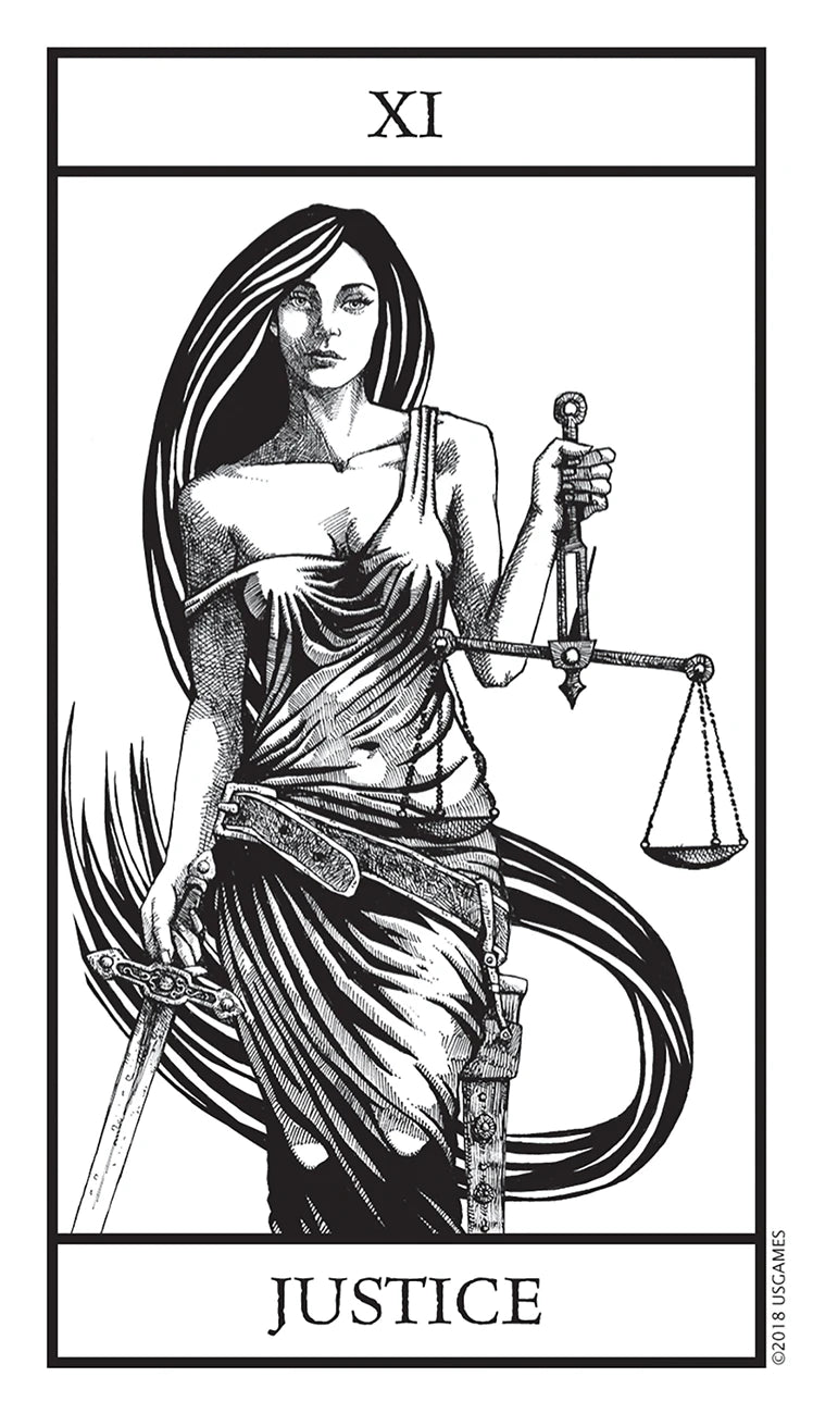 Tarot card featuring the Justice card with a woman holding scales and a sword.