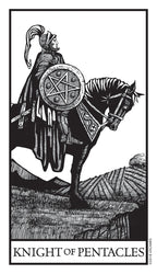 Black and white illustration of a knight on horseback with a pentacle symbol, labeled 'Knight of Pentacles'.