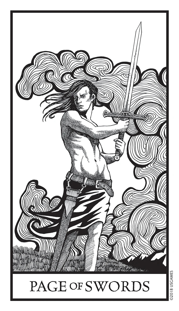 Black and white illustration of a tarot card titled 'Page of Swords' with a person holding a sword.