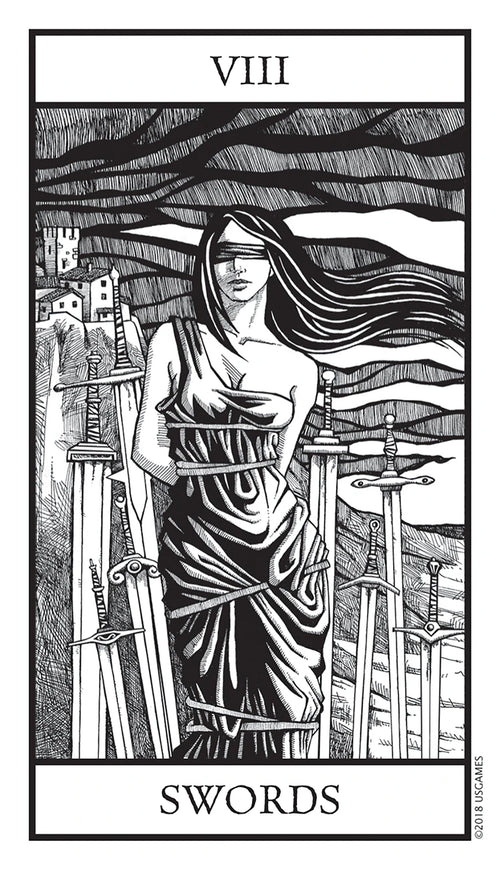 Tarot card featuring a woman with long hair and draped garment, surrounded by swords.