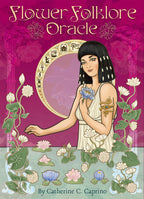 Book cover of 'Flower Folklore Oracle' with a woman holding a flower and floral design.