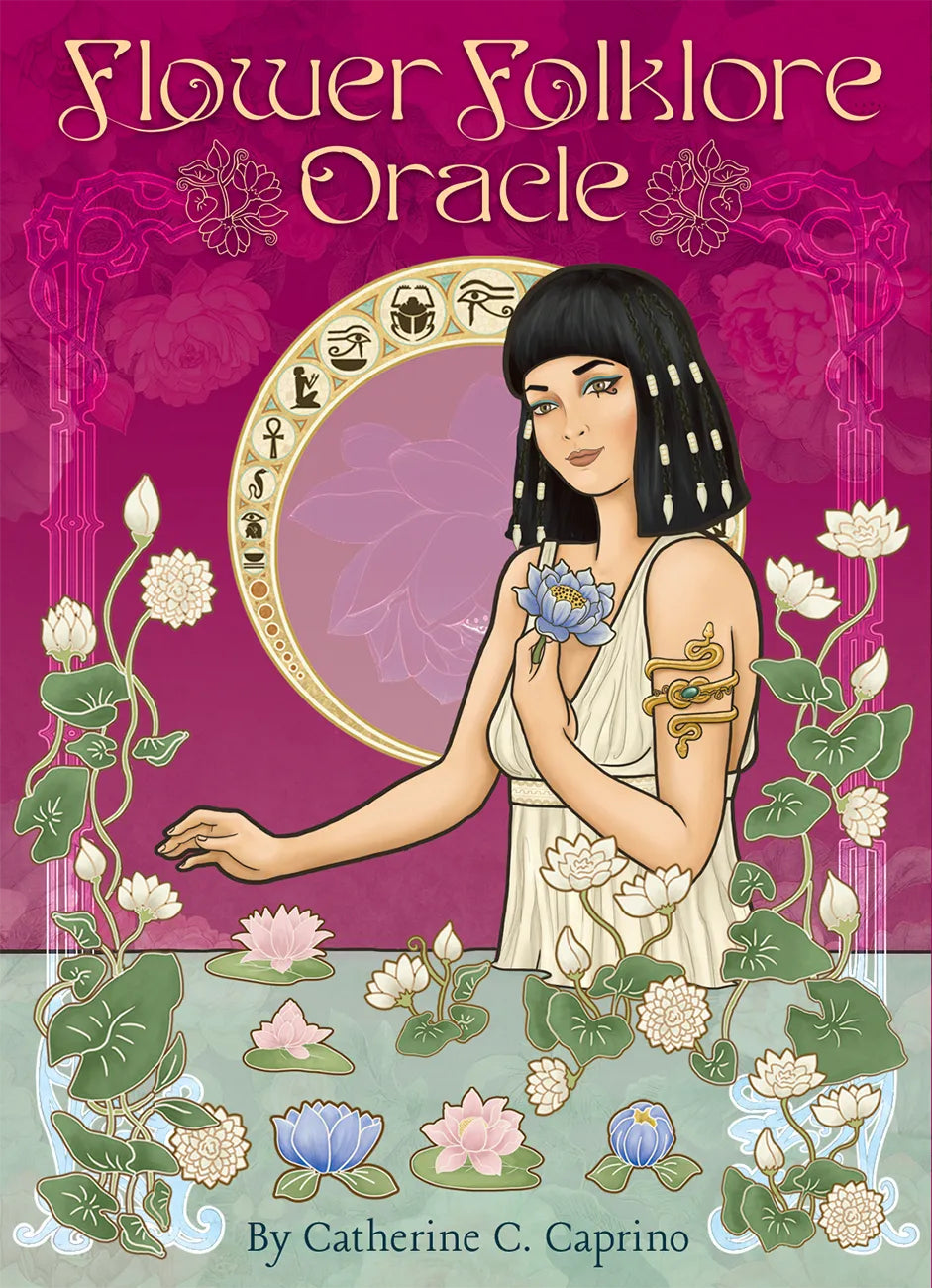 Book cover of 'Flower Folklore Oracle' with a woman holding a flower and floral design.