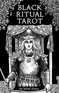 Book cover of 'Black Ritual Tarot' with a black and white illustration of a figure in armor.