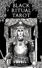 Book cover of 'Black Ritual Tarot' with a black and white illustration of a figure in armor.