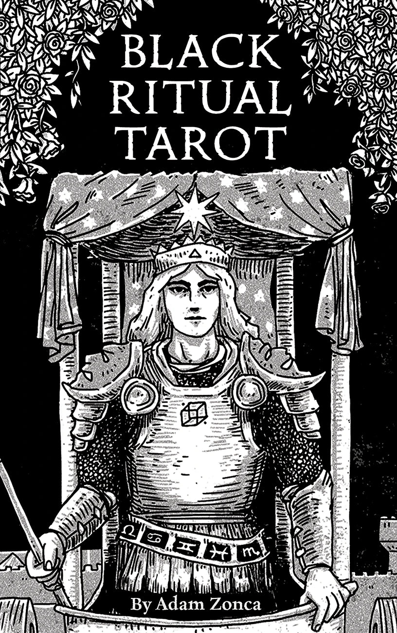 Book cover of 'Black Ritual Tarot' with a black and white illustration of a figure in armor.