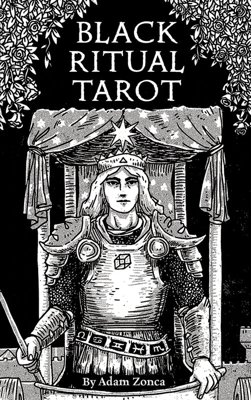 Book cover of 'Black Ritual Tarot' with a black and white illustration of a figure in armor.