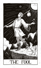Illustration of 'The Fool' tarot card with a person standing on a mountain peak, holding a bag and a flower, with mountains and clouds in the background.