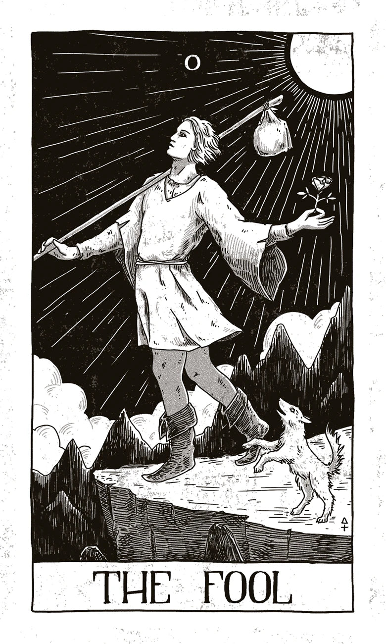 Illustration of 'The Fool' tarot card with a person standing on a mountain peak, holding a bag and a flower, with mountains and clouds in the background.