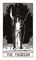 Tarot card featuring 'The Magician' with a black and white illustration of a figure holding a staff.