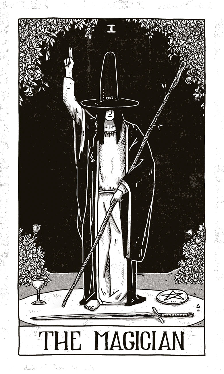 Tarot card featuring 'The Magician' with a black and white illustration of a figure holding a staff.