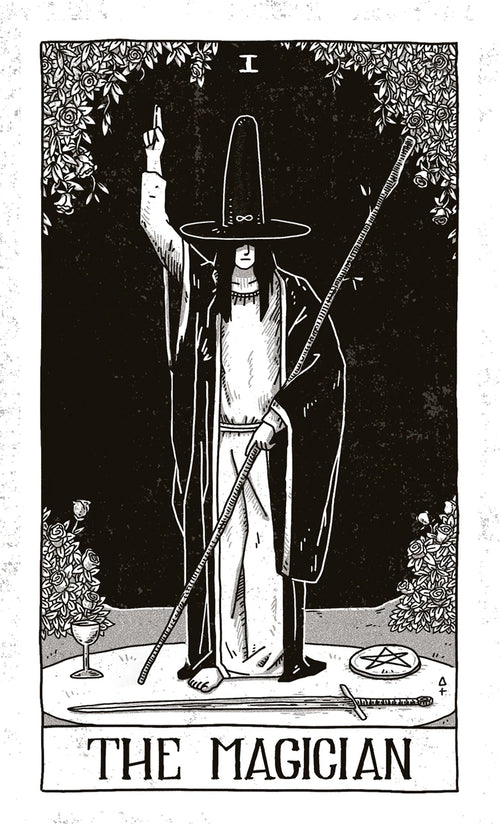 Tarot card featuring 'The Magician' with a black and white illustration of a figure holding a staff.