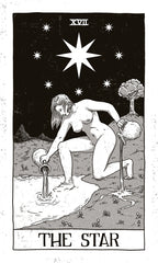 Tarot card 'The Star' with a black and white illustration of a woman pouring water from a jar into a well.