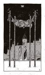 Black and white illustration of two figures holding flowers under a floral archway with a tower in the background.