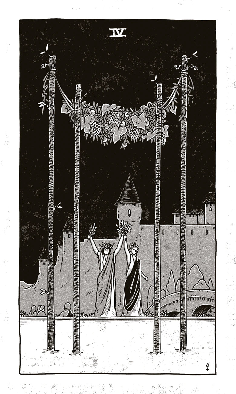 Black and white illustration of two figures holding flowers under a floral archway with a tower in the background.