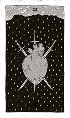 Black and white illustration of a heart with swords and clouds, resembling a tarot card.