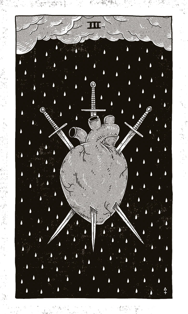 Black and white illustration of a heart with swords and clouds, resembling a tarot card.