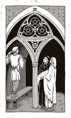 Illustration of three people in a gothic setting with a pentagram symbol above.