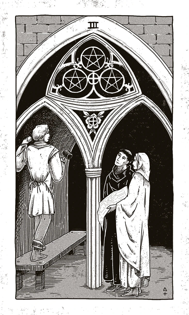 Illustration of three people in a gothic setting with a pentagram symbol above.