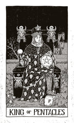 King of Pentacles tarot card with a central figure holding a pentacle symbol, surrounded by nature elements.