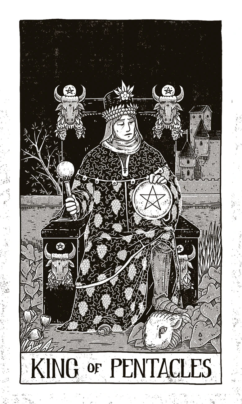 King of Pentacles tarot card with a central figure holding a pentacle symbol, surrounded by nature elements.