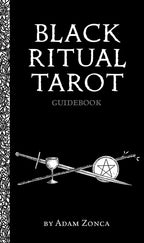 Black Ritual Tarot guidebook cover with white text and black and white illustrations on a black background