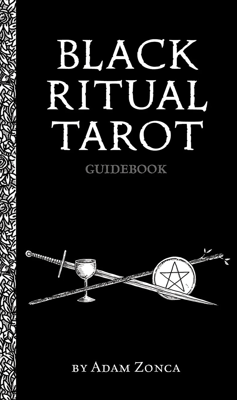Black Ritual Tarot guidebook cover with white text and black and white illustrations on a black background