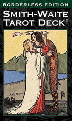 Cover of the Smith-Waite Tarot Deck with illustration of a woman and man embracing over a landscape.