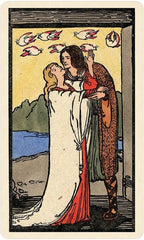 Vintage-style illustration of a woman holding a man's head with birds flying above, set against a scenic background.