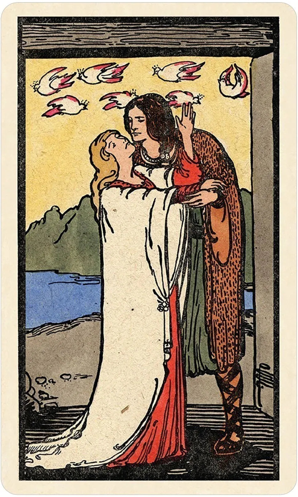 Vintage-style illustration of a woman holding a man's head with birds flying above, set against a scenic background.