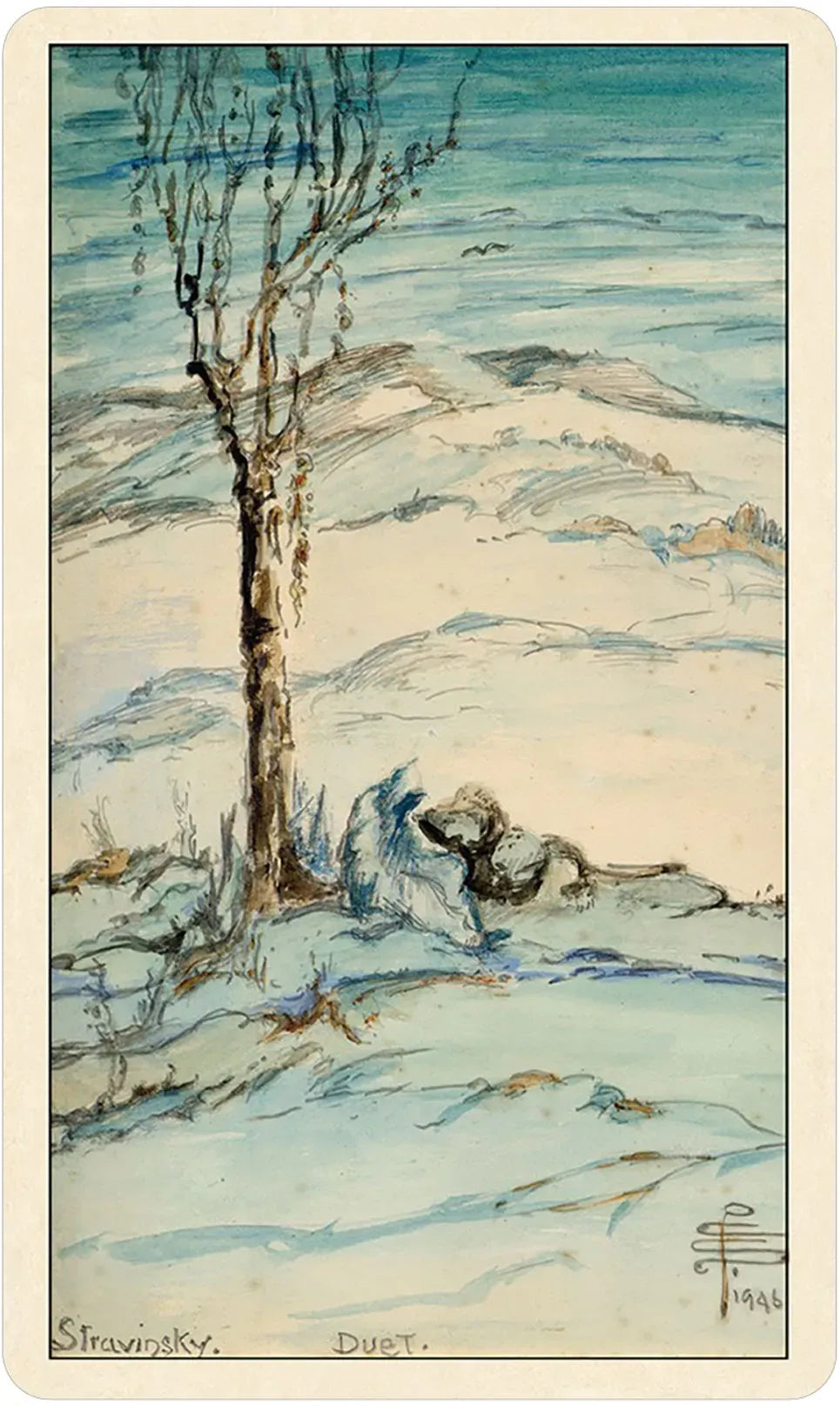 Artistic depiction of a snowy landscape with a tree and a figure, signed 'Stravinsky' in the corner.