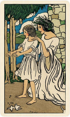 Illustration of a woman and child in a natural setting with trees and stone wall.